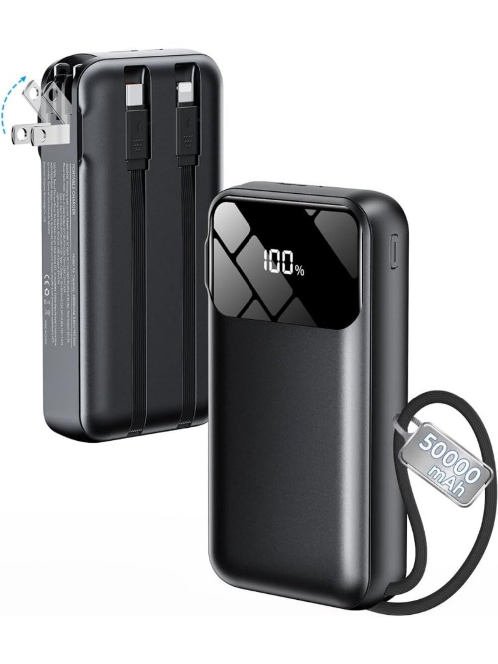 High-Capacity 50000mAh Portable Charger, Power Bank with Built-in Cables & Plug